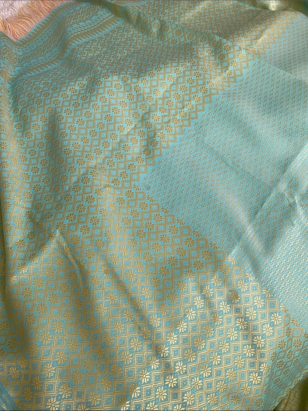 Ornate Aqua and Gold Woven Tablecloth with Fringe Trim